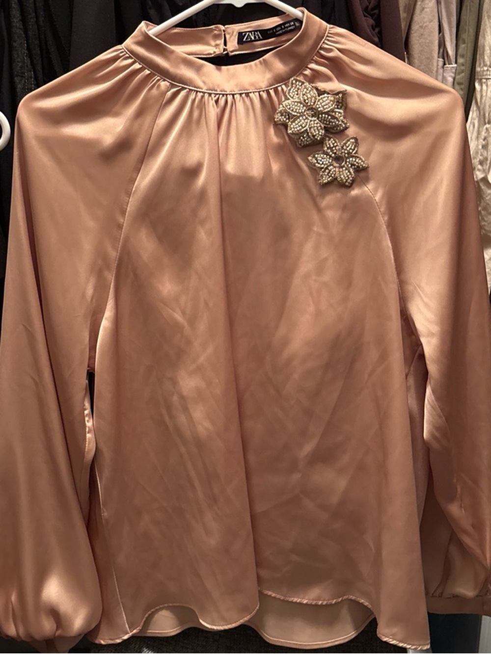 Zara Rose Blush Satin Long-Sleeve Blouse with Beaded Floral Appliqué